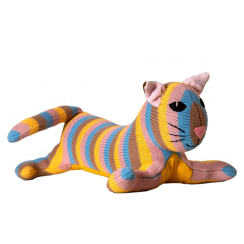 Kuscheltier Katze gestrickt braun/gelb/rosa/blau